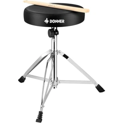 Abbildung von Donner Drumhocker mit Ahorn Holz Drumsticks, Schlagzeughocker Höhenverstellbar 48 58 cm für Elektronisches Schlagzeug, Drum Set, Maxi Belastung 90 kg
