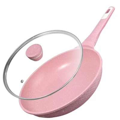 Abbildung von DYGG Antihaft Bratpfanne 26 cm mit Glasdeckel, Granitbeschichtung für fettfreies Braten, 100% frei von PFAS &amp; PFOA, alle Herdarten inkl. Induktion, (Gas, Ceran, Elektro) Pink
