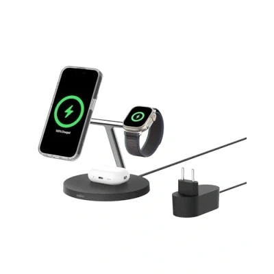 Abbildung von Belkin BoostCharge 3 in 1 Qi2 Wireless Charger, MagSafe Induktive Ladestation mit für Apple iPhone 16 Series, Watch, AirPods, rutschfeste Basis Netzteil Schwarz
