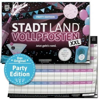 Abbildung von Stadt Land VOLLPFOSTEN® Party Edition Jetzt geht&#039;s rund. A3 Spielblock Partyspiel Geburtstagsgeschenk Fluss