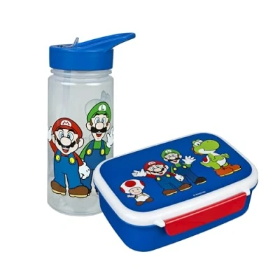 Abbildung von Scooli Super Mario Kindergeschirr Geschenkset Set bestehend aus Brotdose und Trinkflasche ideal für Schule oder Kindergarten ab 4 Jahren Kunststoff BPA frei
