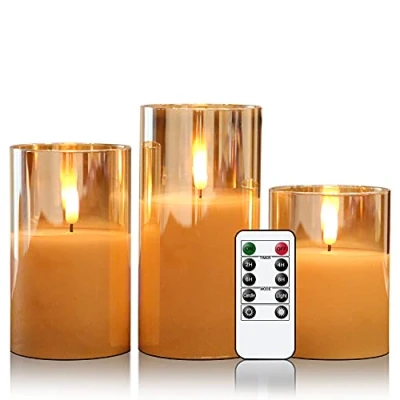 Abbildung von Eldnacele led Kerzen mit Timerfunktion, flammenlose Fernbedienung, elektrische Echtwachskerzen im Glas, flackernde Flamme 3 teilige Set, Art Zimmer Deko, Gold
