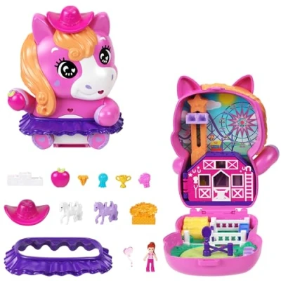 Abbildung von Polly Pocket Puppen und Spielset, Pony Rodeo Schatulle, Spielzeug für unterwegs mit 1 kleinen Puppe, Pferdchen, Zubehör Mode Essen, JCR39