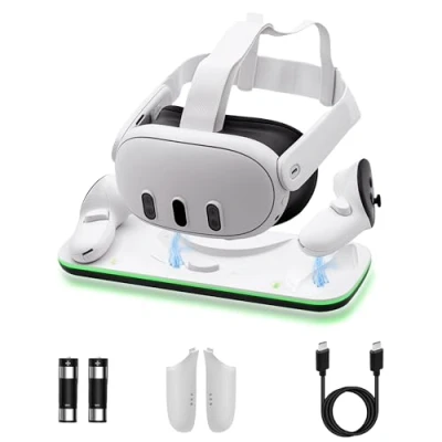 Abbildung von Mcbazel Controller Ladestation für Quest 3, VR mit LED Licht Lade Display Ständer 2 * 600 mAh wiederaufladbaren Batterien, Type C Ladekabel Weiß
