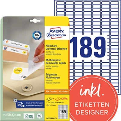 Abbildung von AVERY Zweckform L4731REV 25 Universal Etiketten (4.725 plus 945 Klebeetiketten extra, 25,4x10mm auf A4, wieder rückstandsfrei ablösbar/abziehbar, bedruckbar, selbstklebende Aufkleber) 30 Blatt, weiß
