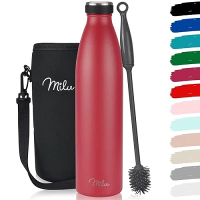 Abbildung von Milu Edelstahl Trinkflasche 350ml 500ml 750ml 1L, 1,5L Thermosflasche, Isolierte Wasserflasche, Auslaufsichere Isolierflasche doppelwandig, Kohlensäure geeignet inkl. Reinigungsbürste (Rot,750ml)
