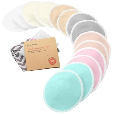 Abbildung von Bio Bambus Stilleinlagen 14 Waschbare ​+ Wäschebeutel Wiederverwendbare für die Mutterschaft Waschbar(Pastel Touch, L 12cm)