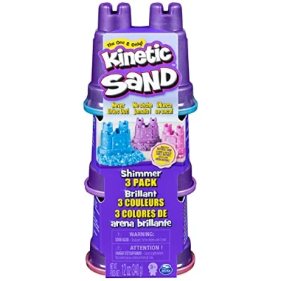 Abbildung von Kinetic Sand Schimmer 3er Pack 340 g 3 Farben Glitzersand aus Schweden in Burgenförmchen für kreatives, sauberes Indoor Sandspiel, Kinder ab Jahren
