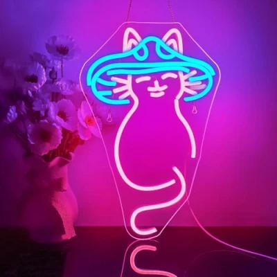 Abbildung von Looklight Pilz Katzen Neonschild blau rosa LED Neonschilder niedliche Neonlichter USB dimmbar für Bar Schlafzimmer Kinderzimmer Party Weihnachten Geburtstag Kunstgeschenk