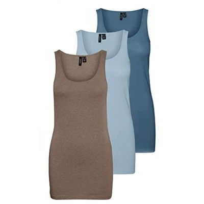 Abbildung von VERO MODA Damen VMMAXI My Soft Long Tank TOP GA 3P, Blue Fog/Walnut Light Mel &amp; CH, M