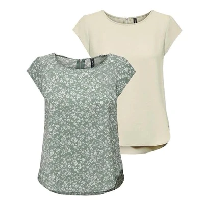 Abbildung von ONLY Damen ONLVIC S/S Solid 2 Pack Top, Kurzarm, Moonbeam/Lily PAD/Emma Mono FL, 38