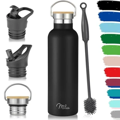 Abbildung von Milu Edelstahl Trinkflasche 500ml, 750ml, 1000ml (+3 Deckel) Thermosflasche mit Strohhalm, Isolierte Wasserflasche, Auslaufsichere Isolierflasche doppelwandig, Kohlensäure geeignet (Schwarz, 750ml)