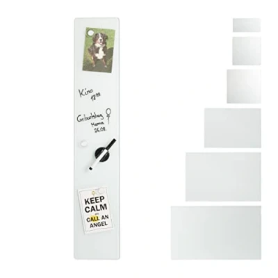 Abbildung von Relaxdays Magnettafel Glas, 15x80 cm, 3 Magneten, Marker, Stiftehalter, Büro &amp; Küche, Sicherheitsglas Magnetboard, weiß