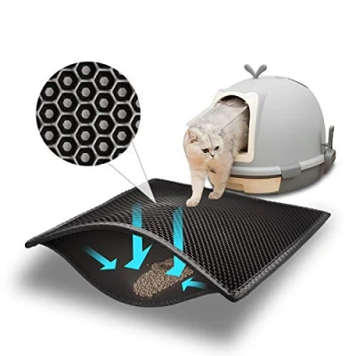 Abbildung von Pieviev Katzenklo Matte, Katzenstreu Matte Unterleger Waben Design Vorleger wasserdichte Doppelte Schichte Entwurf Bienenwabe (Schwarz 61x38 cm)