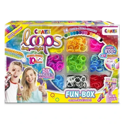 Abbildung von CRAZE loops FUN BOX Loom Bänder Set mit 800 Gummibänder, Verschlüsse und Helfer Halsketten, Ringe Armbänder selber machen, Farbenmix