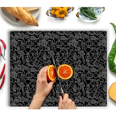 Abbildung von Kitchenville Glasschneidebrett 50x40 cm Hygienisches Schneidebrett aus gehärtetem Glas Hitzebeständig, Kratzfest &amp; Rutschfest Glasplatte für die Küche Schwarzes Design