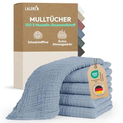 Abbildung von Laleni Spucktücher Baby im 5er Set aus Reiner Baumwolle schadstofffreie Mulltücher 70x70 saugstarke Mussellintücher Musselin Tuch als Mullwindel waschbare Blau