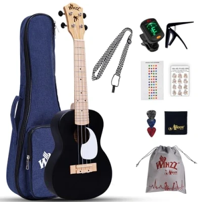 Abbildung von Winzz Ukulele Erwachsene Anfänger Set, Konzert 23 Zoll, Kinder Einsteiger Kit mit 9 Zubehör (Farbe: Schwarz, Holz)