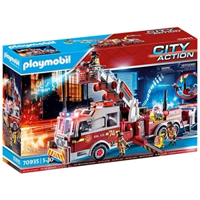 Abbildung von PLAYMOBIL City Action 70935 Feuerwehr Fahrzeug: US Tower Ladder mit verlängerbarer, funktionsfähige Wasserpumpe Schlauch und Pumpkolben, Blinklicht Original Sirenen Sound, ab 5 Jahren