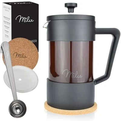 Abbildung von Milu French Press Kaffeebereiter 350ml, 600ml, 1L Glas Kaffeepresse, Kaffeezubereiter für Zuhause Reisen Camping inkl. Untersetzer, Löffel, Ersatzfilter (Schwarz, 350ml (2 Tassen)