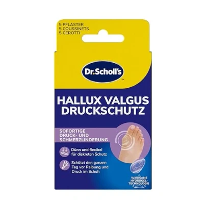 Abbildung von Dr. Scholl’s Hallux Valgus Druckschutz mit Hydrogel Technologie, 5 Stück, Sofortige und ganztägige Schmerzlinderung bei Valugus, schützt vor Reibung Druck durch Schuhe, dünn flexibel