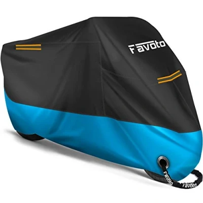 Abbildung von Favoto Verbesserte Version Motorradabdeckung Wasserdicht Motorrad Abdeckplane Outdoor Motorradgarage Motorroller Abdeckung Winterfest mit 2 Gürtelschnalle Schwarz Blau XXL 245cmx105cmx125cm