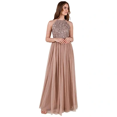 Abbildung von Maya Deluxe Damen Embellished Houder Neck Pink Maxi Dress Brautjungfernkleid, Taupe Blush, 34 EU