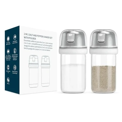 Abbildung von KTCHENDAO 2 in 1 Glas Salz und Pfefferstreuer mit seitlichem Ausgießer, Salzstreuer Deckel, Eingebauter Deckel zur Verlangsamung der Feuchtigkeit Messmarkierungen, BPA frei, 4oz (weiß)