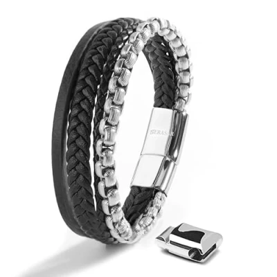 Abbildung von SERASAR Herren Armband 20cm Silber Männer Leder Armreif Lederband Herrenarmreif Armschmuck Schmuck Herrenschmuck Armkette Flecht Wickelarmband Armbändchen Bracelet