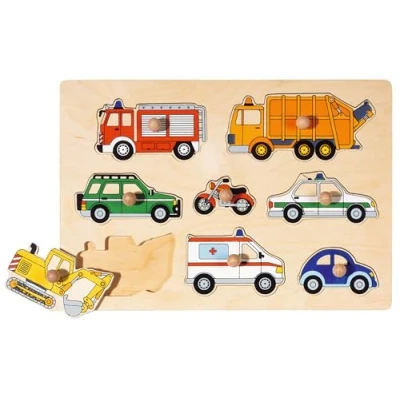 Abbildung von Goki 57996 Steckpuzzle Kinder Holzpuzzle mit Feuerwehr, Polizei, Bagger &amp; weiteren, natürlicher Holzhintergrund, 8er Set, bunten Fahrzeugen , Spielzeug ab 1 Jahr