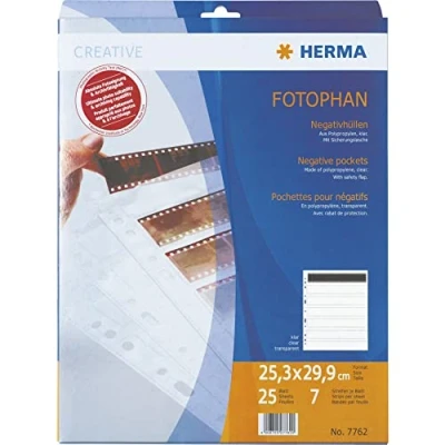 Abbildung von HERMA 7762 Negativhüllen 35mm für Ordner, 25 Stück je 7 Kleinbild Streifen à 6 Bilder, Negativarchivierungshüllen Kleinbildnegative mit Eurolochung und Sicherheitslasche, transparent
