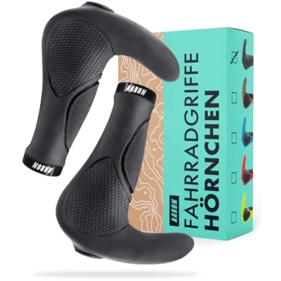 Abbildung von AARON Horn Lenker Griffe mit Gel Dämpfung ergonomische Lenkerhörner aus rutschfestem Gummi Fahrradgriffe für E Bike, Trekkingrad, Mountainbike, Tourenrad in schwarz
