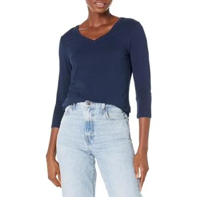 Abbildung von Amazon Essentials Damen T Shirt Mit V Ausschnitt Und 3/4 Ärmeln, Klassischer Schnitt (Erhältlich In Übergröße), Marineblau, L