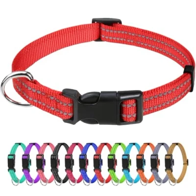 Abbildung von TagME Nylon Hundehalsband, Verstellbares Reflektierendes Hundehalsband mit Sicherheitsschnalle für Welpen, Rot, 1.0cm Breite