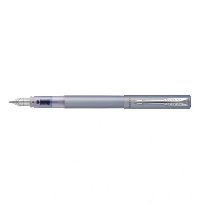 Abbildung von Parker Vector XL Füller Silberblaue Metallic Lackierung auf Messing Füllfederhalter mit mittlerer Feder und blauer Nachfülltinte Geschenkbox