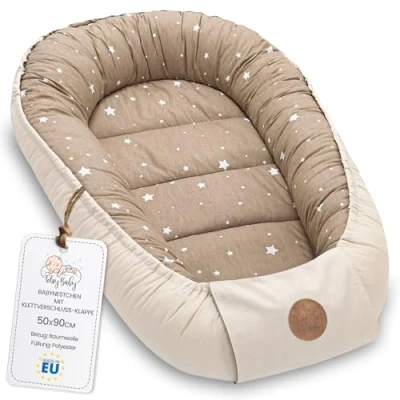 Abbildung von Babynest babynestchen neugeborene mit tragegriff 90 x 50 cm baby nestchen tragbar nest für bett kinder kuschelnest coccon Jungen und Mädchen Beige Weiß Sternen