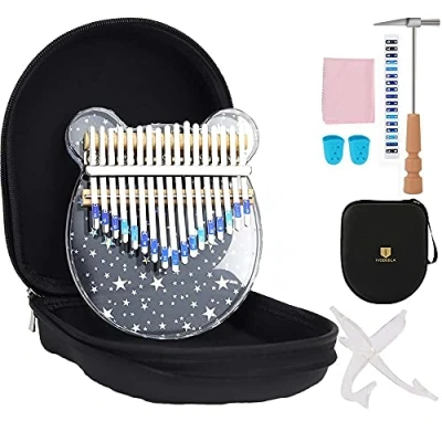 Abbildung von Kalimba 17 Tasten Daumenklavier, transparentes Marimba Acryl Fingerklavier mit EVA Tragetasche Stimmhammer Bedienungsanleitung und ständer,Musikalische für Kinder Erwachsene Anfänger