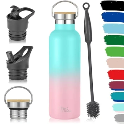Abbildung von Milu Edelstahl Trinkflasche 500ml, 750ml, 1L (+3 Deckel) Thermosflasche mit Strohhalm, Isolierte Wasserflasche, Auslaufsichere Isolierflasche doppelwandig, Kohlensäure geeignet (Mint Rosa, 750ml)