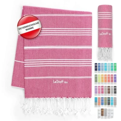 Abbildung von LeStoff Premium Hamamtuch 100% Bio Baumwolle Vorgewaschen, Nachhaltig, Saugstark &amp; Schnelltrocknend Strand, Bade, Dusch, Yoga, Spa Reise Tuch (95 x 180 cm, Fuchsia)