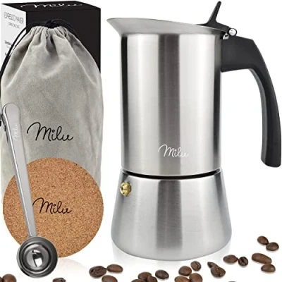 Abbildung von Milu Espressokocher Induktion geeignet 2, 4, 6, 9 Tassen Edelstahl Mokkakanne, Espressokanne, Espresso Maker Set inkl. Untersetzer, Löffel, Bürste (9 Tassen, 450ml)