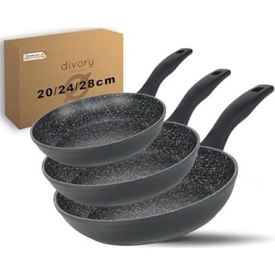 Abbildung von DIVORY Pfannenset 3 teilig Pfanne 20, 24, 28cm Induktion Antihaft Beschichtete große Universalpfanne für alle Herdarten Sichere Griffe, Spülmaschinen geeignet (Griff: Schwarz)