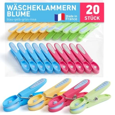 Abbildung von culiclean Wäscheklammern stabil ohne Abdruck Blume 20 Stück blau gelb grün rosa pink robuste Kunststoff Kluppen Soft Grip Clothes Pegs ideal zum Aufhängen Wäsche Hosen T Shirts Unterwäsche Socken