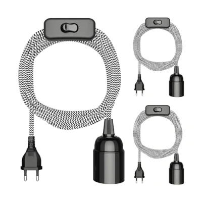 Abbildung von ledscom.de 3 Stück Textilkabel LEHA, Stecker, Schalter, schwarz, weiß, gezackt, m, Lampen Fassung, 1x E27 max. 60W