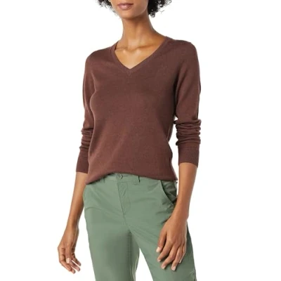 Abbildung von Amazon Essentials Damen Leichter, Langärmeliger Pullover Mit V Ausschnitt, Klassischer Schnitt (Erhältlich In Übergröße), Dunkles Kastanienbraun Meliert, XL