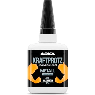 Abbildung von 50 g Sekundenkleber für Metall &amp; Aluminium extra stark dickflüssiger Metallkleber wasserfest, hitzebeständig Verschluss gegen Austrocknung zum Verkleben von Metallen aller Art ARKA Kraftprotz