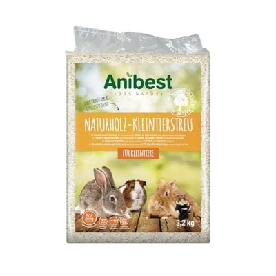 Abbildung von Anibest Kleintierstreu, 100 % natürliche Einstreu für Kaninchen, Hamster, Meerschweinchen &amp; Co, saugfähige Weichholzspäne, staubfrei geruchsbindend, 3,2 kg/ 60 l
