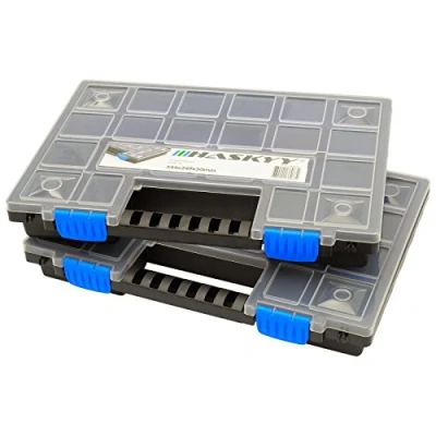 Abbildung von HASKYY Sortimentskoffer Sortimentskiste Sortimentsbox 2x Organizer XL unterteilt und stapelbar 345x249x50 mm Kleinteileschrank Werkzeugkiste Schraubbox Ablagefächer