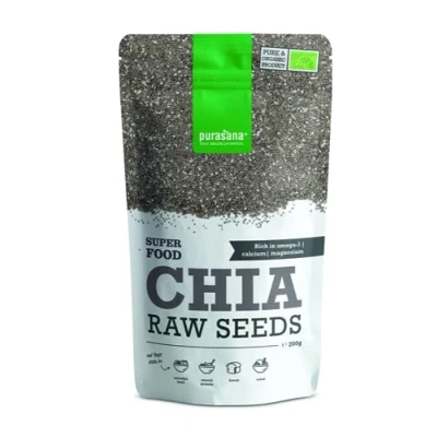 Abbildung von Bio Chia Samen reich an Omega 3 und 6 Fettsäuren. Mit positivem Effekt auf den Blutzuckerspiegel, entzündungshemmende Eigenschaften