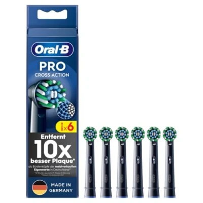 Abbildung von Oral B Pro CrossAction Aufsteckbürsten für elektrische Zahnbürste, 6 Stück, überlegene Zahnreinigung mit innovativen X förmigen Borsten, Original Zahnbürstenaufsatz, Made in Germany, schwarz