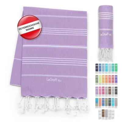 Abbildung von LeStoff Hamamtuch 100% Bio Baumwolle, 95 x 180 cm, Vorgewaschen, Saugstark, Schnelltrocknend, Leicht, Kompakt, Sandfrei, Strandtuch, Reisehandtuch, Badetuch, Handtuch groß, Liegetuch (Lila)
